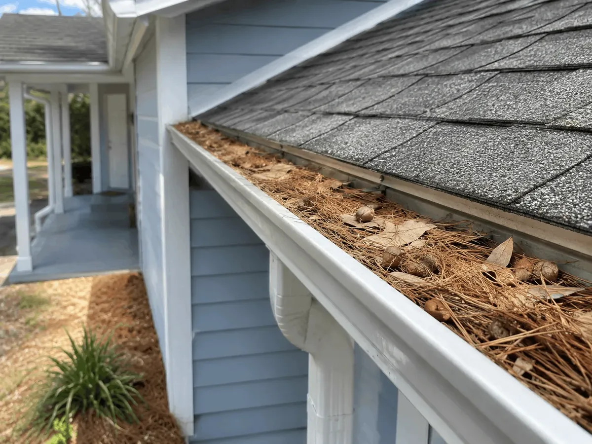 Gutter packed with pine straw and leaf debris before cleaning