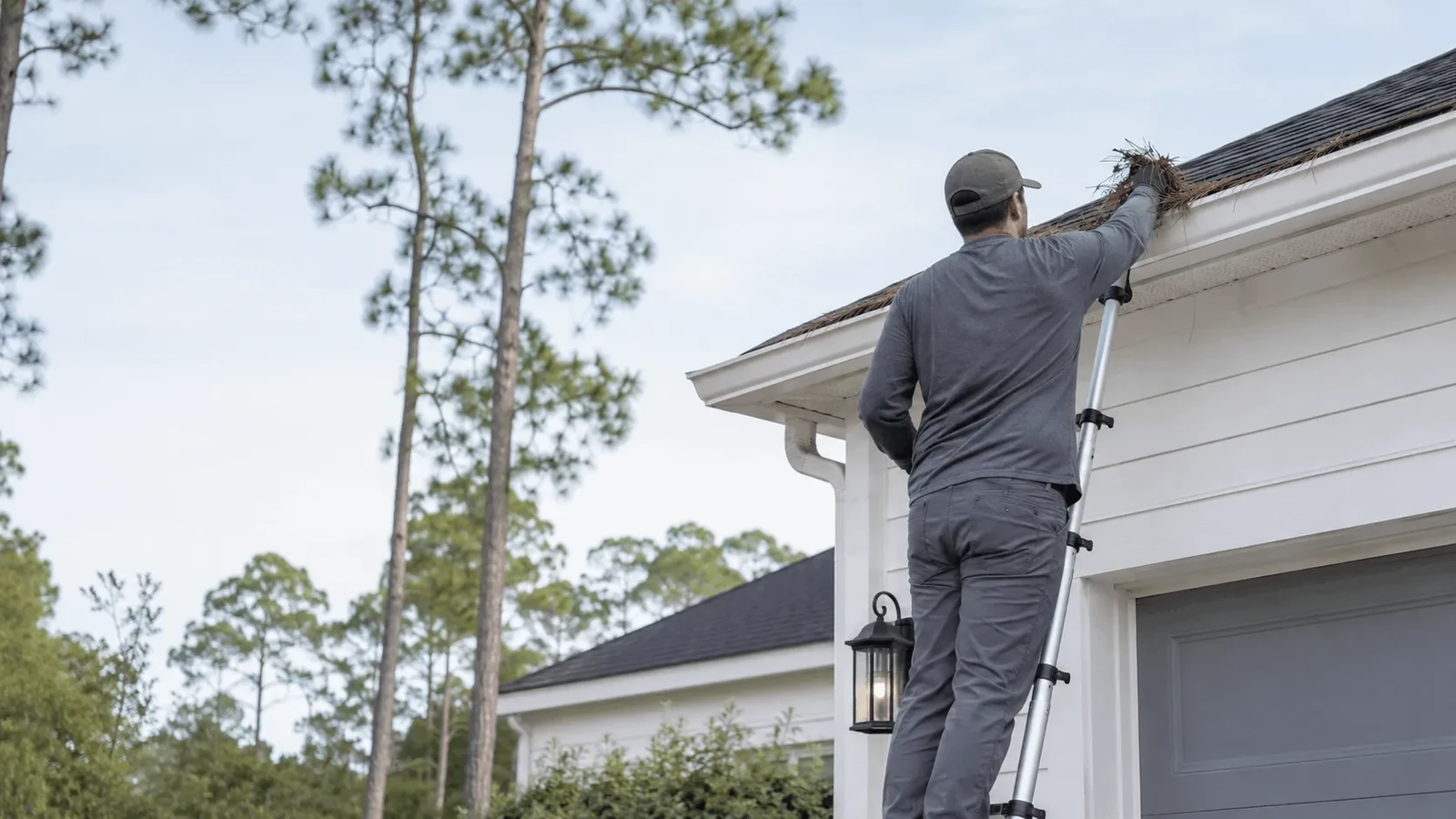Gutter being cleared of leaf and pine debris from a ladder
