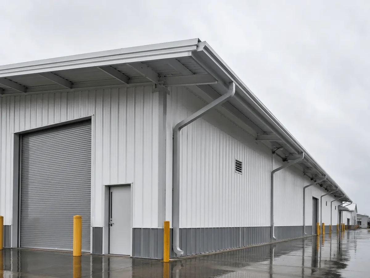 Warehouse building with gutters along the roofline