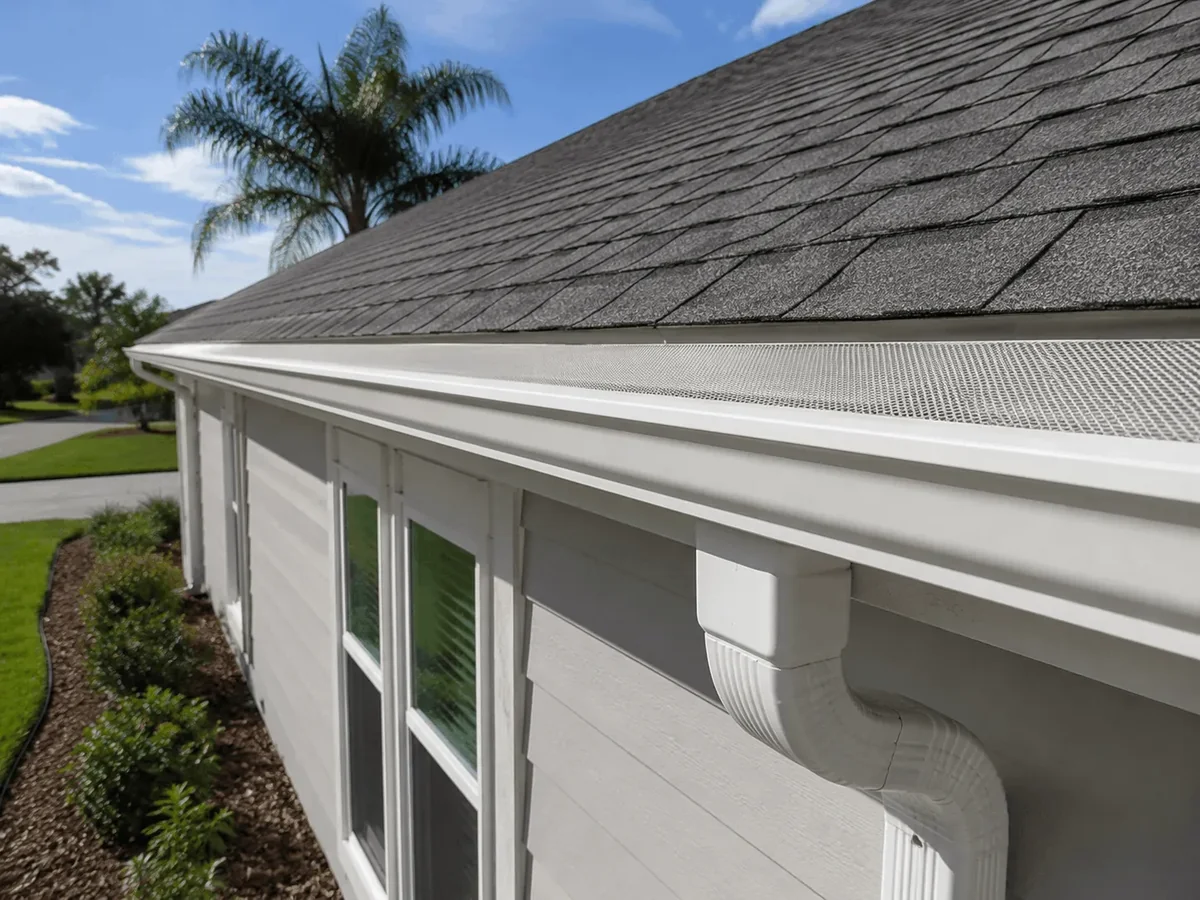 Finished gutter run along a North Florida roofline