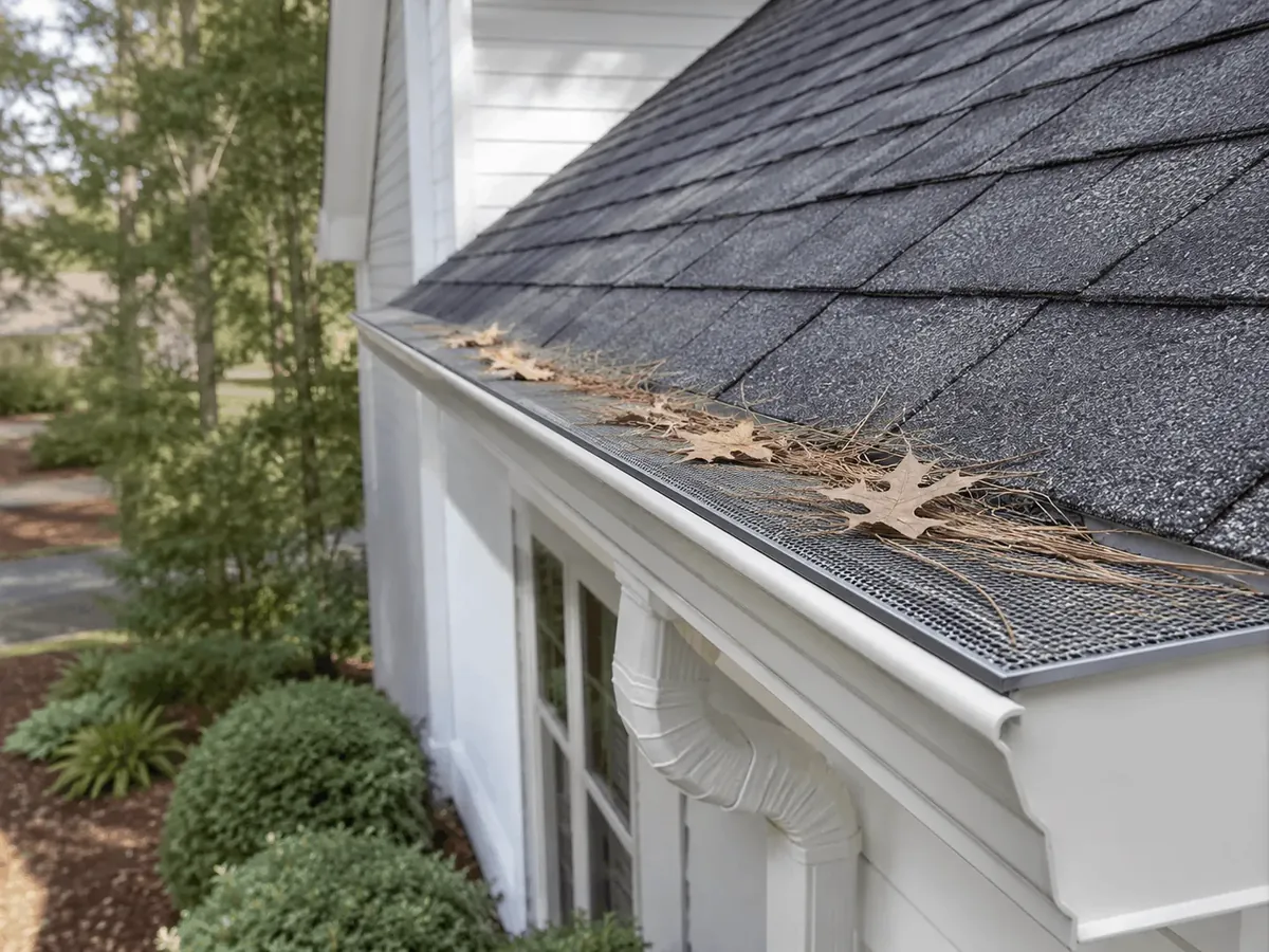 Pine straw collected along a gutter run