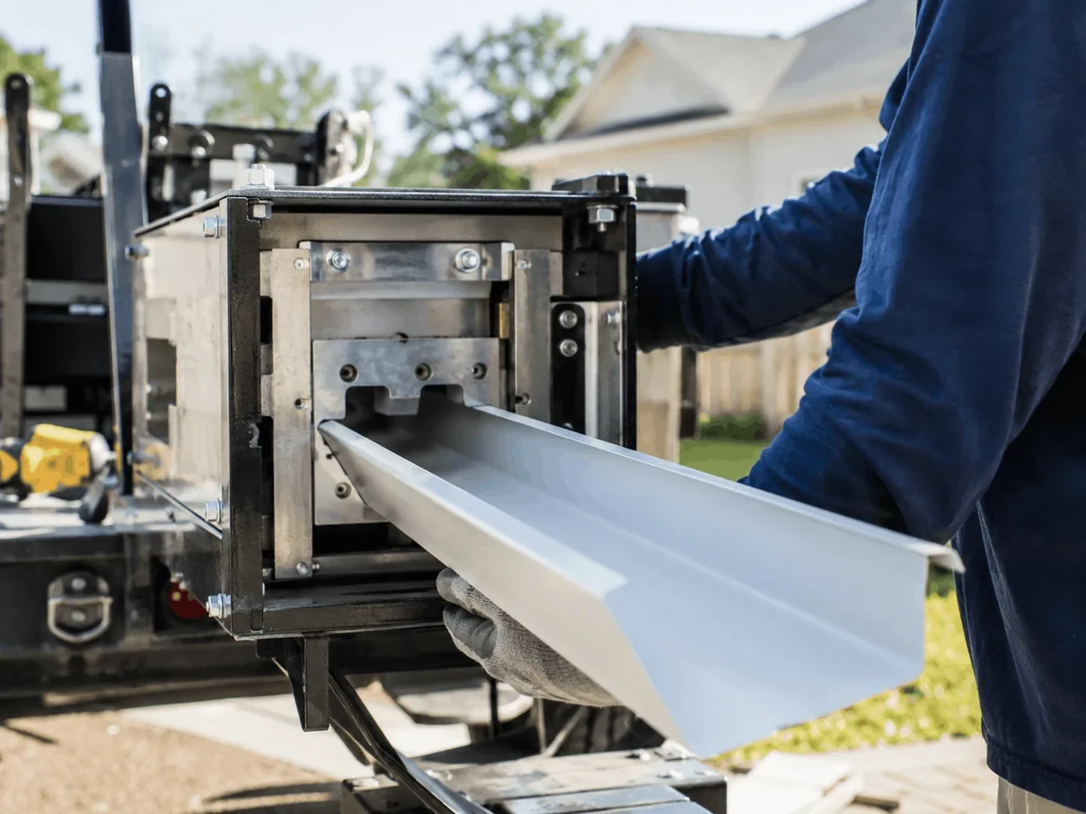Seamless gutter being formed on site with a gutter machine