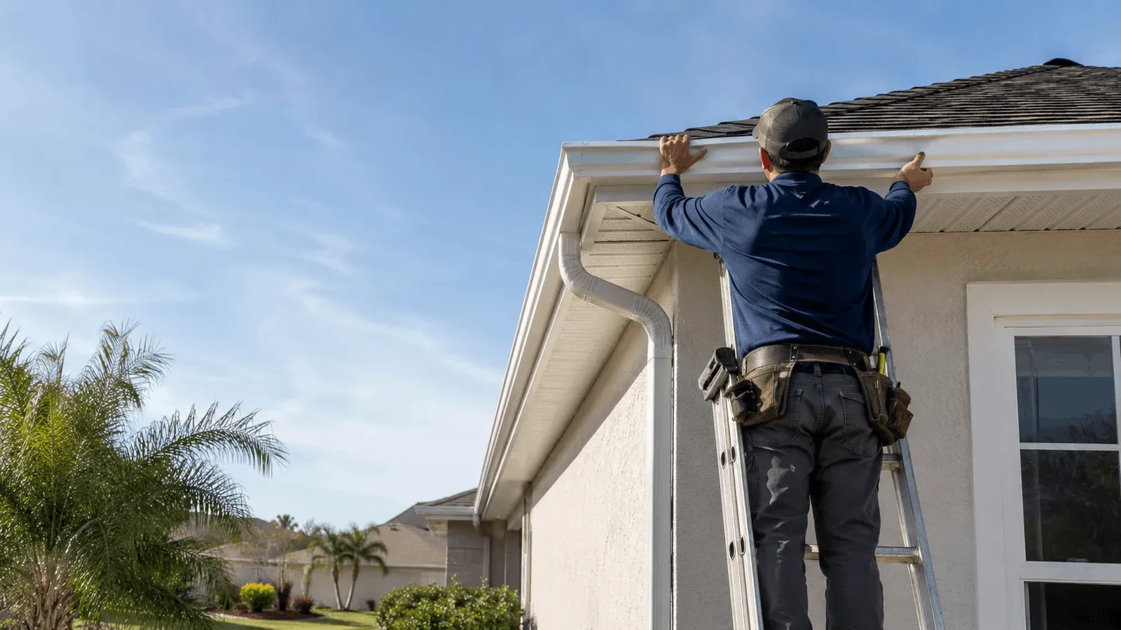New seamless gutter run installed along a residential roofline