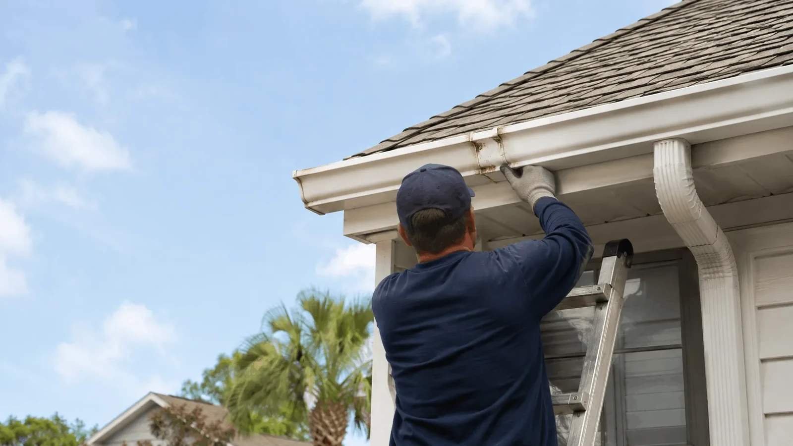 Technician repairing a damaged section of residential gutter
