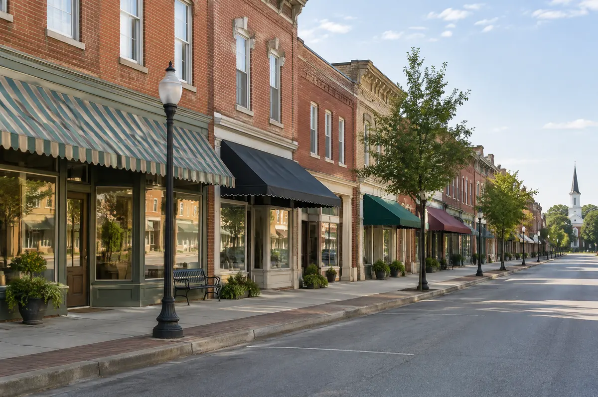 Brick storefronts along a small-town main street