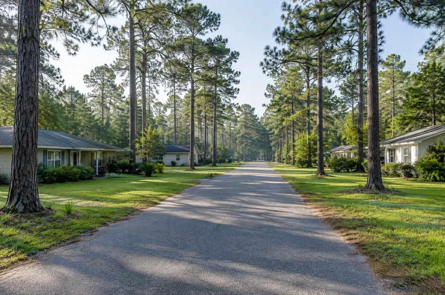 Residential street lined with tall pine trees