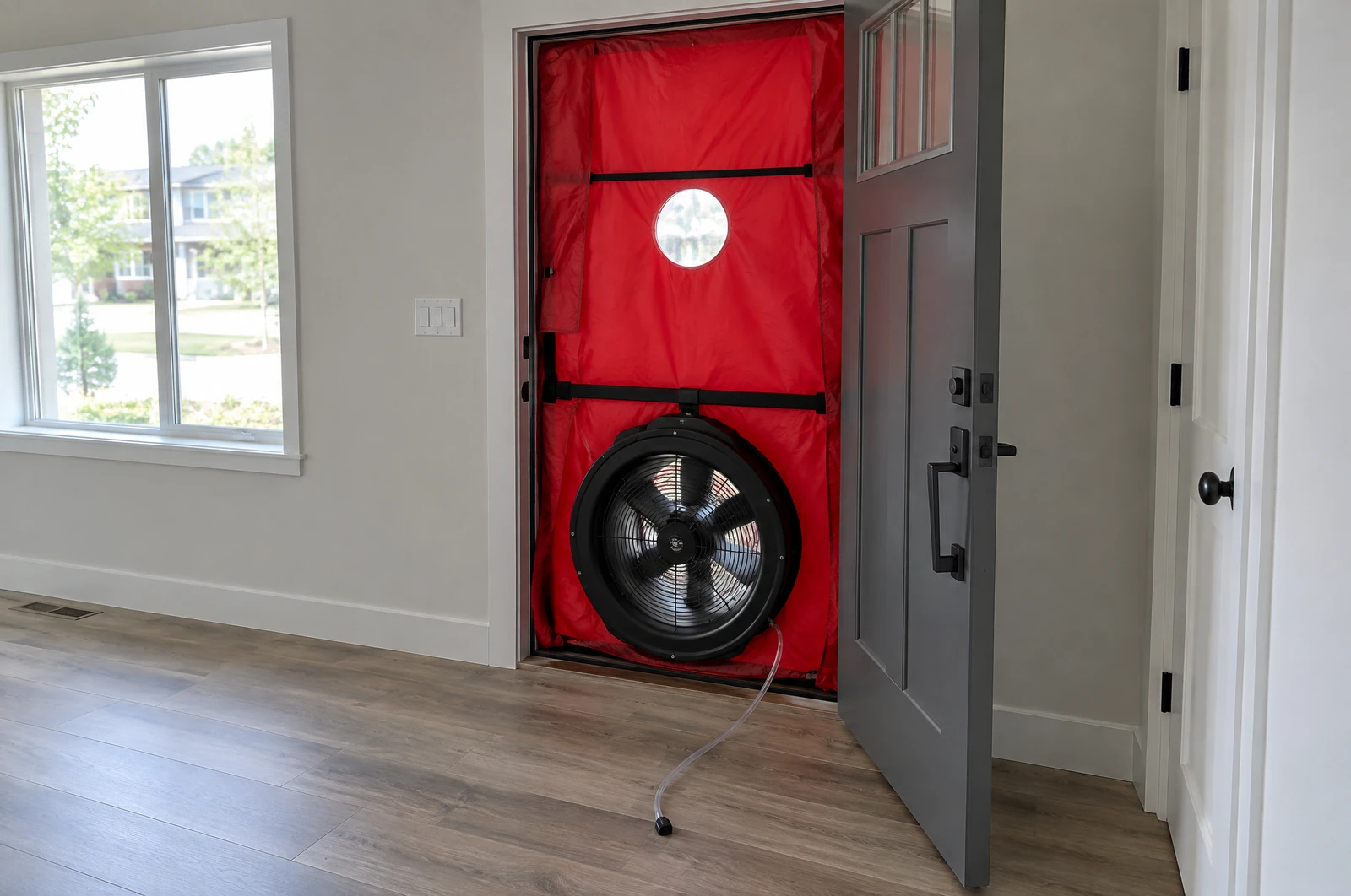 Blower door fan sealing the front door of a new house, seen at an angle