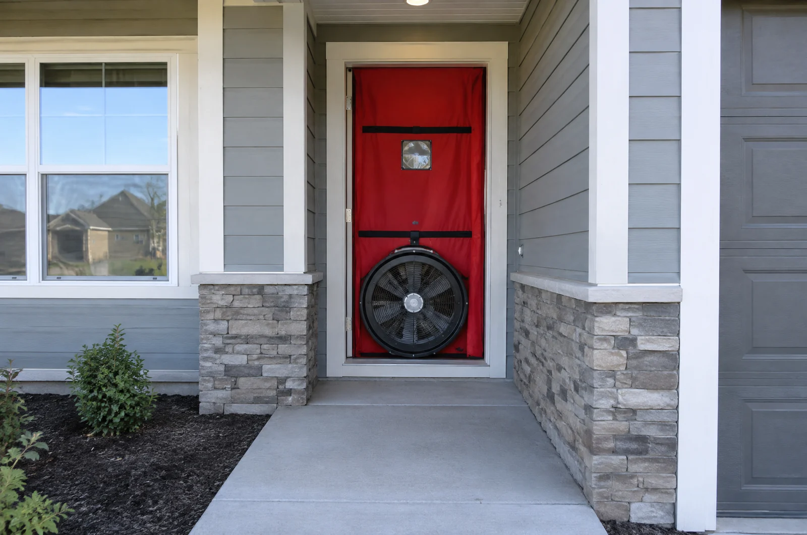 Blower door fan sealed into the front doorway of a new house, seen from outside