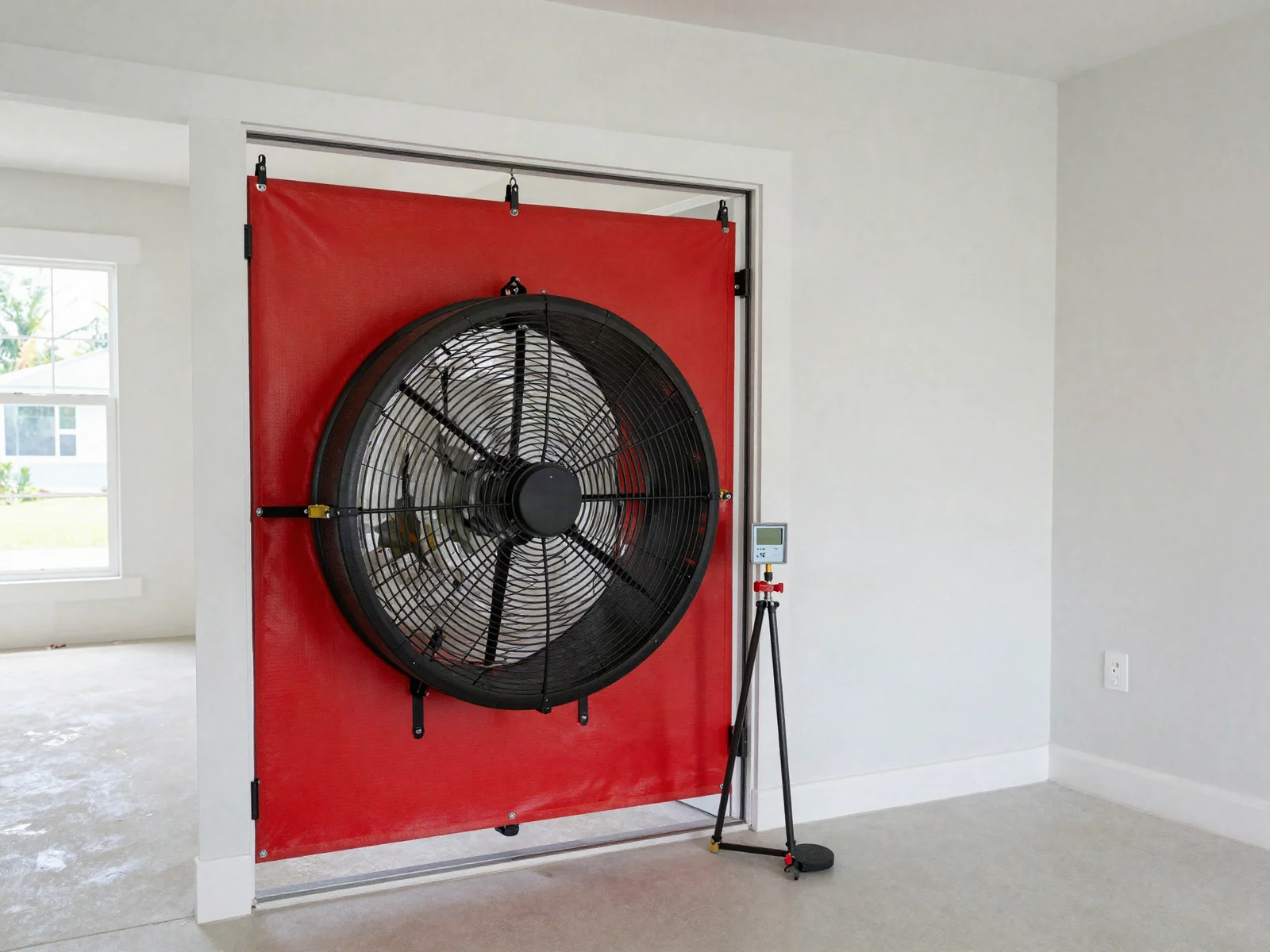 Blower door fan in a red frame across an interior doorway with a gauge on a tripod beside it