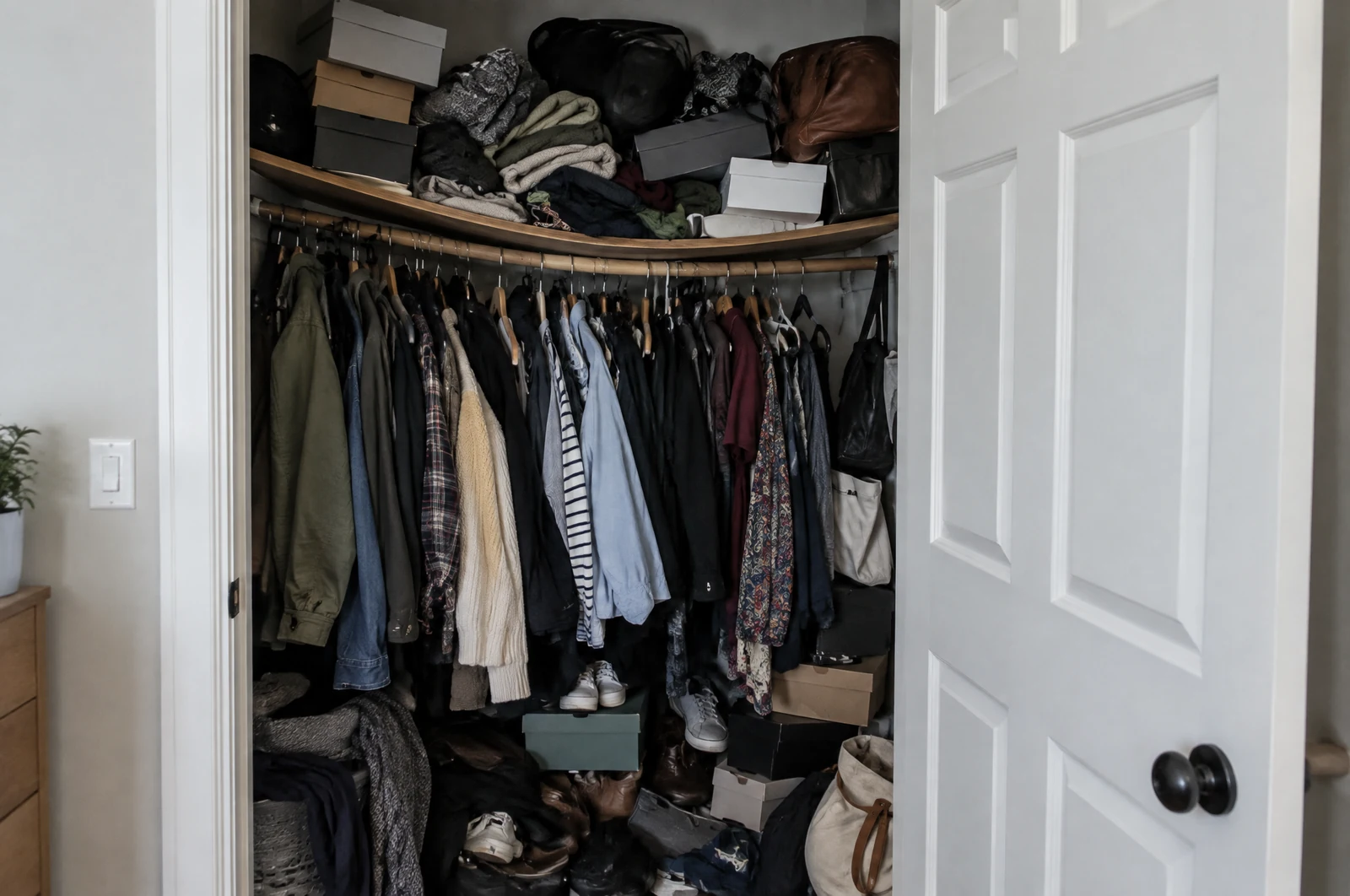 Overstuffed closet with a single sagging shelf