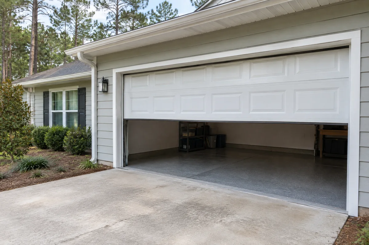 White sectional garage door raised halfway on a single-story home
