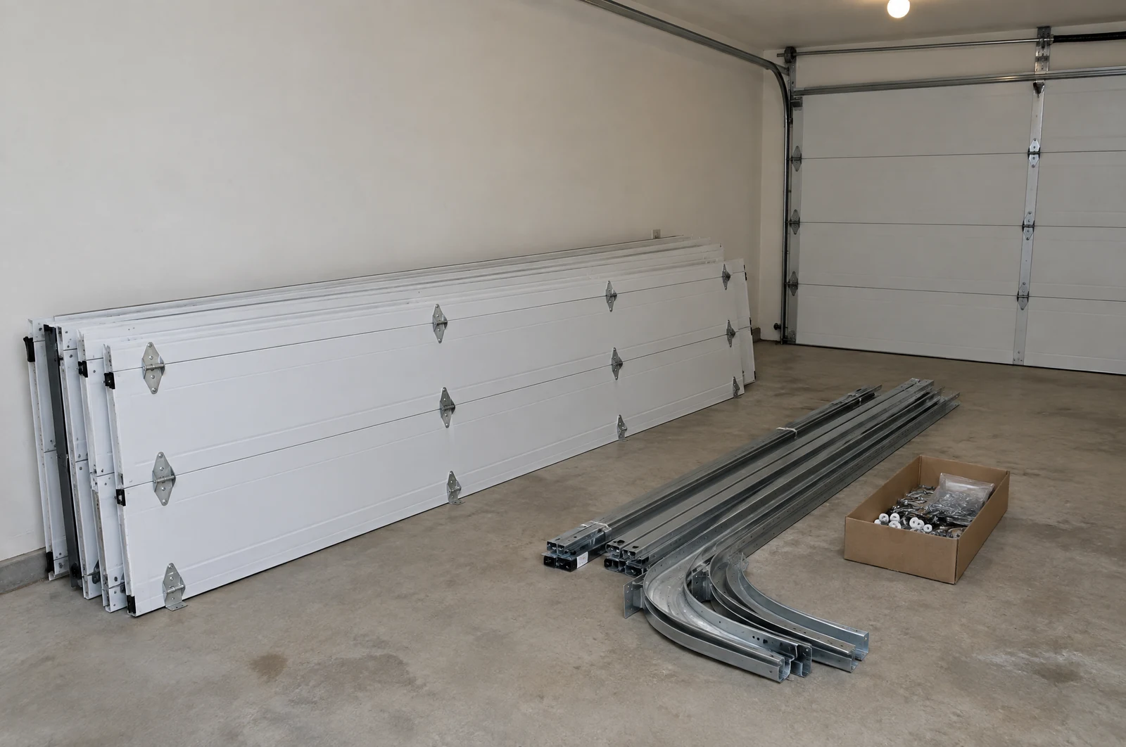 New garage door sections and track stacked inside a garage