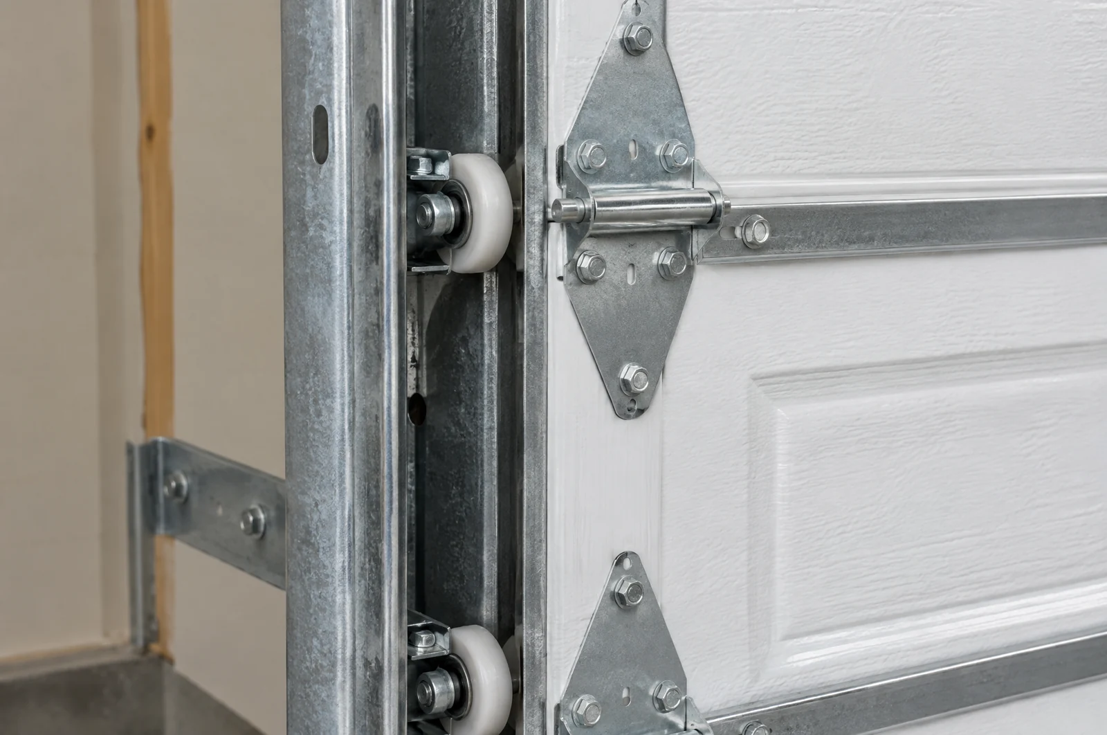 Garage door rollers and hinges in the steel track