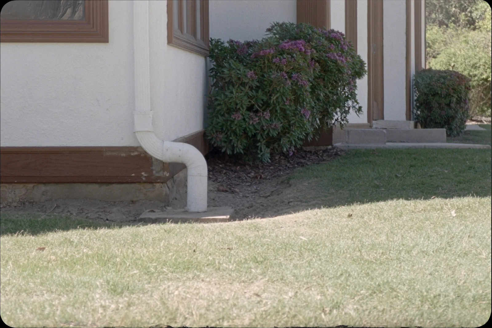 White downspout with an elbow draining onto a lawn beside a house wall