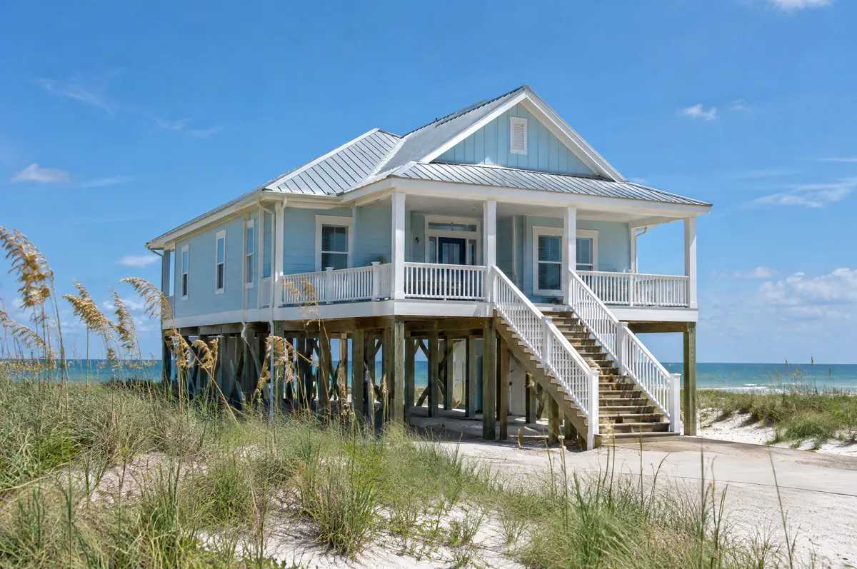 Raised coastal home on pilings with a metal roof
