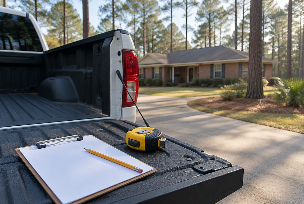 Clipboard, pencil and tape measure on a pickup tailgate in the driveway of a brick ranch house