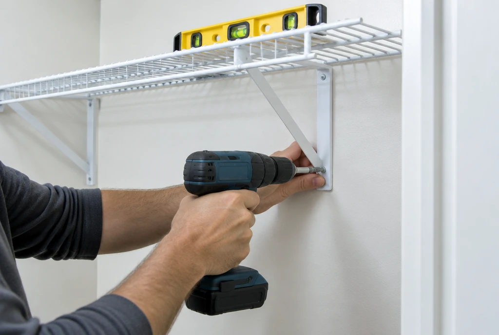 Hands driving a screw into a wire shelf bracket with a level resting on the shelf