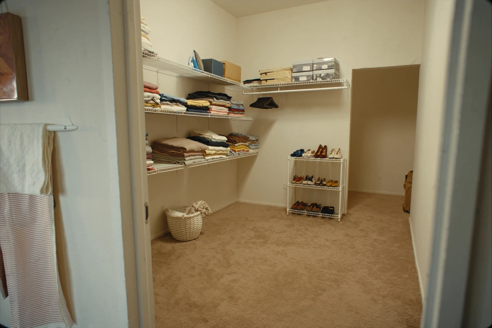 Walk-in closet with white wire shelves, a hanging rod and a small shoe rack