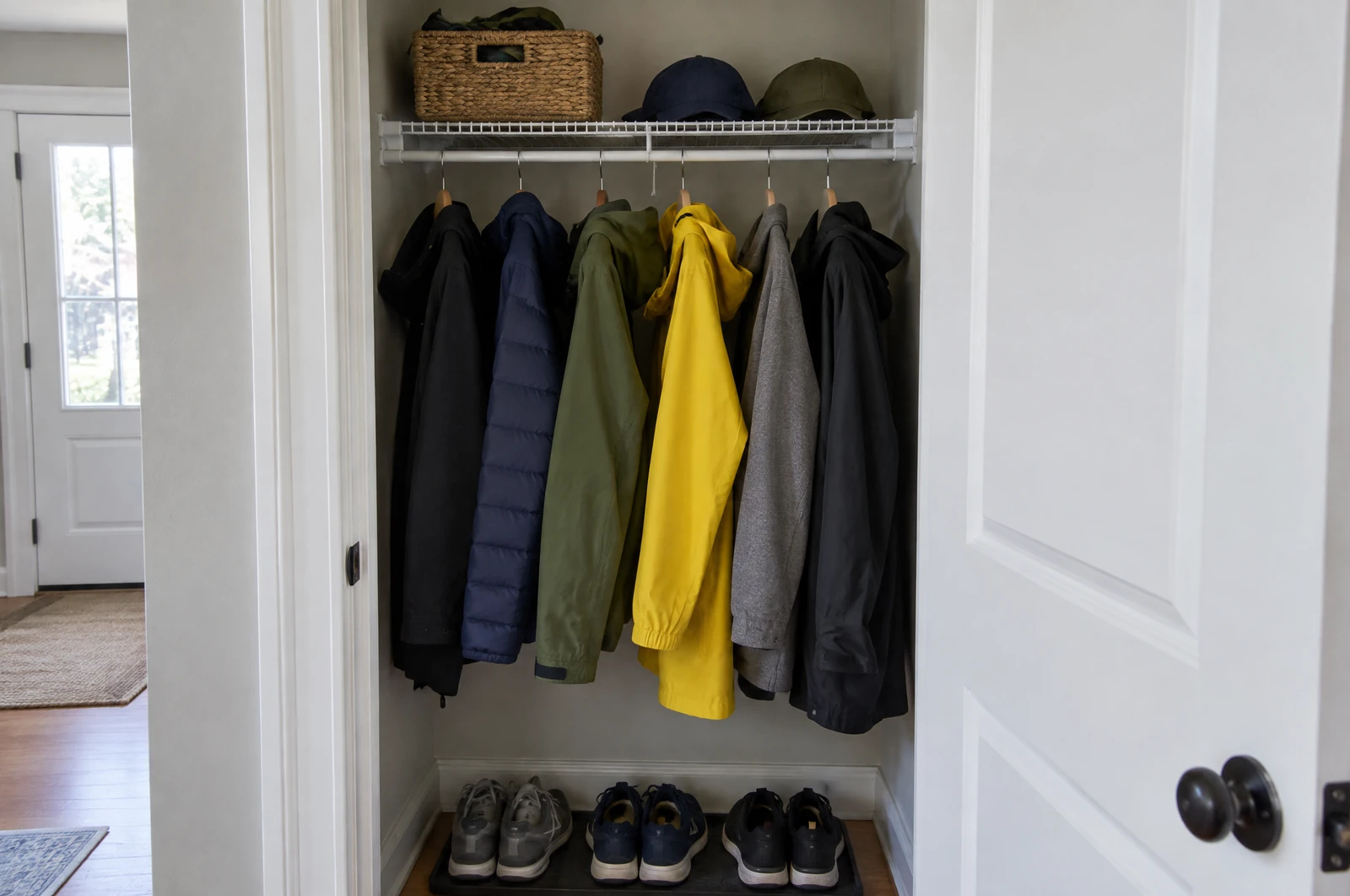 Coat closet with a wire shelf and hanging rod