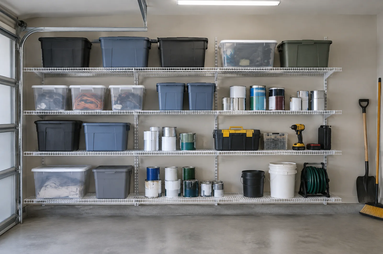 Garage wall with wire shelving holding storage bins and paint cans