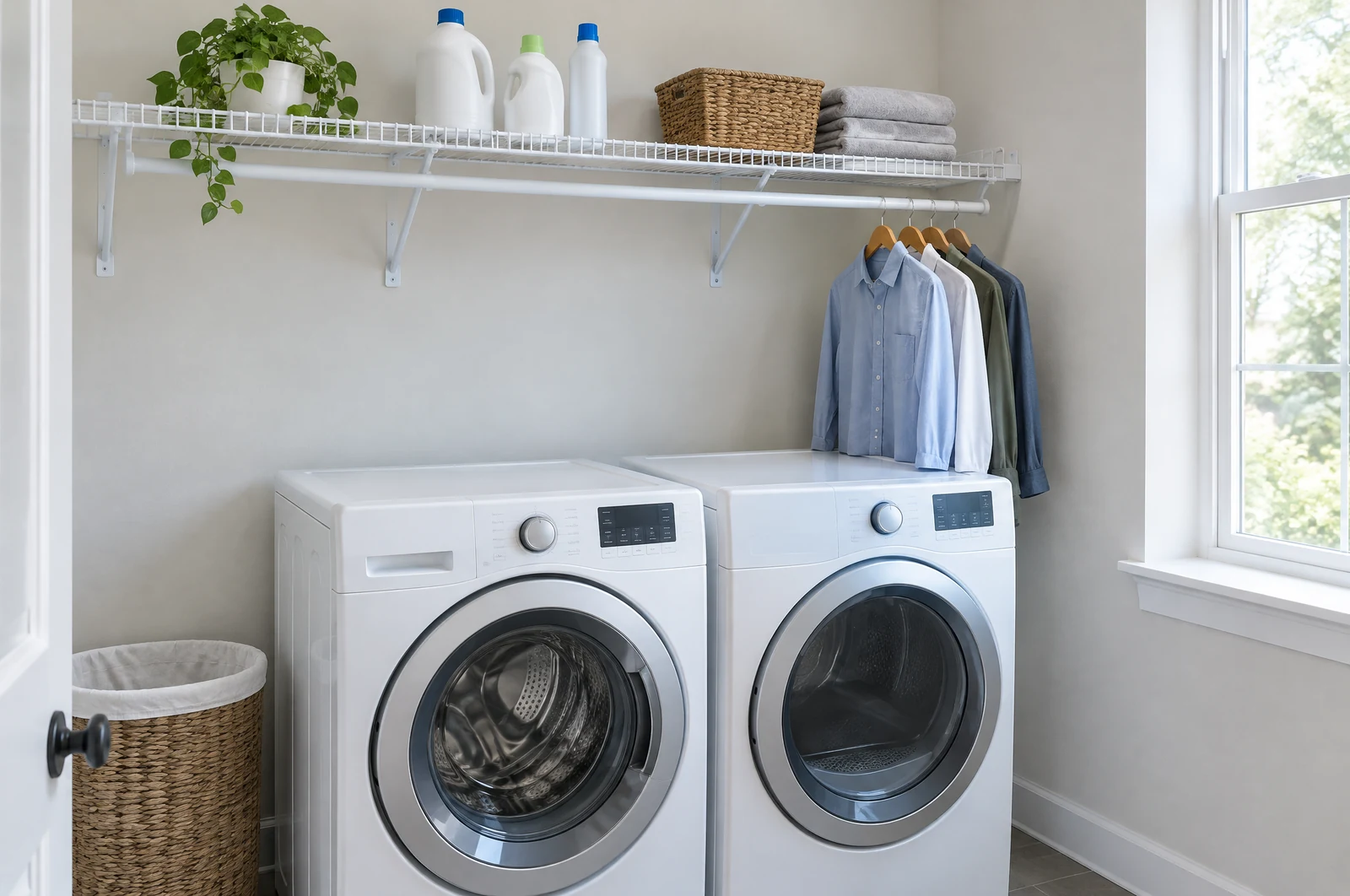 Wire shelf with a hanging rod above a washer and dryer