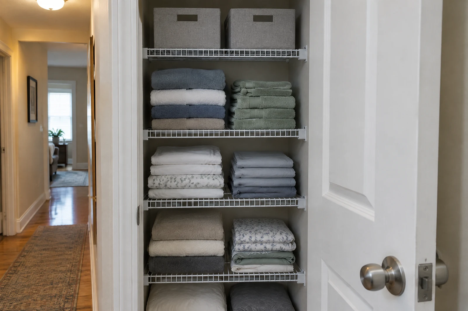 Linen closet with wire shelves holding folded towels and sheets