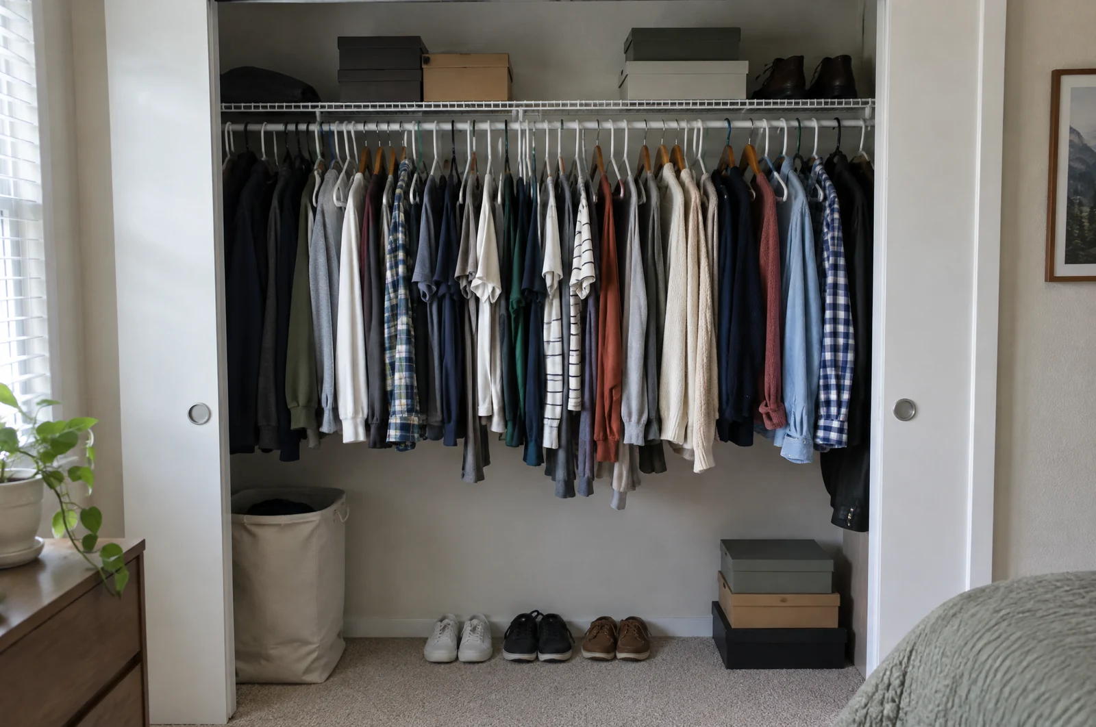 Reach-in bedroom closet with a wire shelf and hanging rod