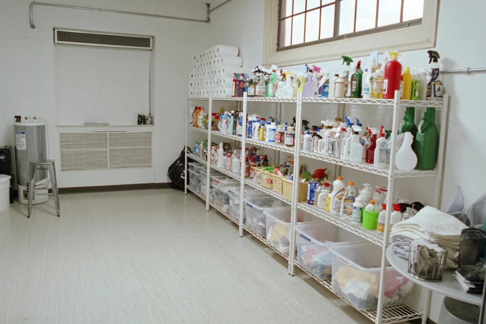 Utility room with white wire shelving holding cleaning supplies and bins