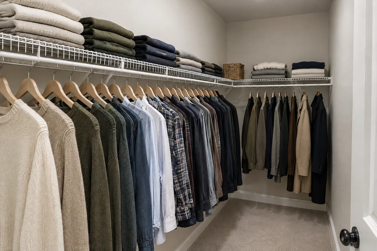 Walk-in closet with white wire shelving and a hanging rod